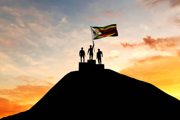 Bandeira do Zimbábue sendo acenada em cima de um pódio de vencedores. Renderização 3D — Fotografia de Stock