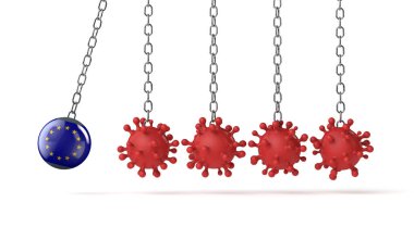 Avrupa Birliği bayrağı koronavirüs molekülleri çizgisine çarpar. 3B Hazırlama