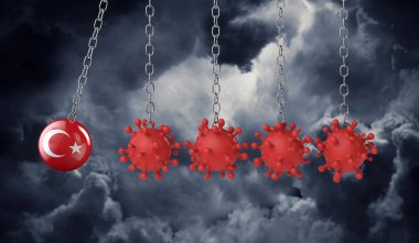 Hindi bayraklı top bir dizi koronavirüs molekülüne çarpıyor. 3B Hazırlama