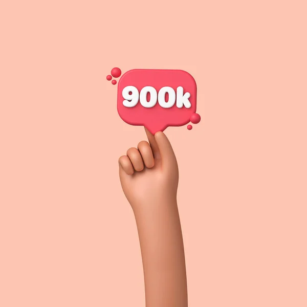 Hand med en 900k sociala medier anhängare banner etikett. 3D-återgivning — Stockfoto