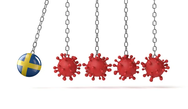 Szwedzka kula flagowa uderza w linię cząsteczek koronawirusa. Renderowanie 3D — Zdjęcie stockowe