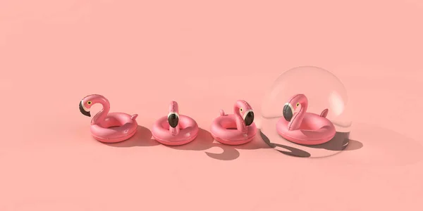 Coronavirus holiday travel bubble. Flamingo in a protective bubble 3D Rendering