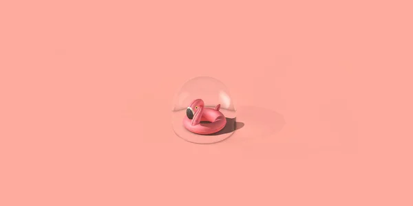 Burbuja de viaje de vacaciones Coronavirus. Flamingo en una burbuja protectora 3D Rendering — Foto de Stock