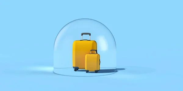 Coronavirus holiday travel bubble. Suitcase in a protective bubble 3D Rendering — Stock Photo, Image