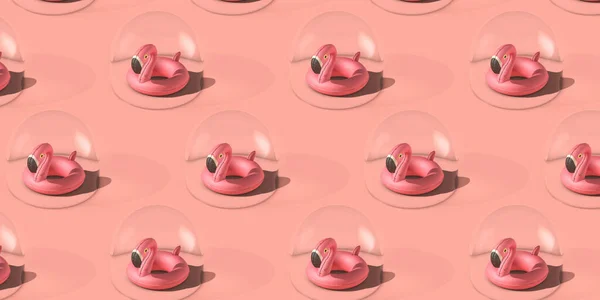 Bulle de voyage Coronavirus vacances. Flamant rose dans une bulle de protection rendu 3D — Photo