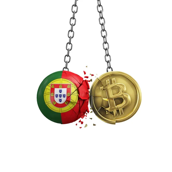 Bandera de Portugal rompiendo en una moneda criptográfica de oro bitcoin. Renderizado 3D — Foto de Stock