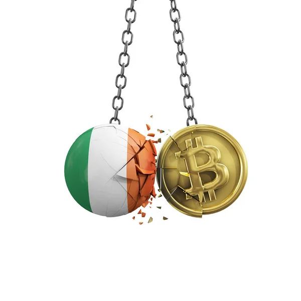 Irland flagga krossa i ett guld bitcoin krypto mynt. 3D-återgivning — Stockfoto