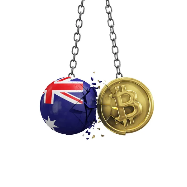 Australien flagga krossa i ett guld bitcoin krypto mynt. 3D-återgivning — Stockfoto