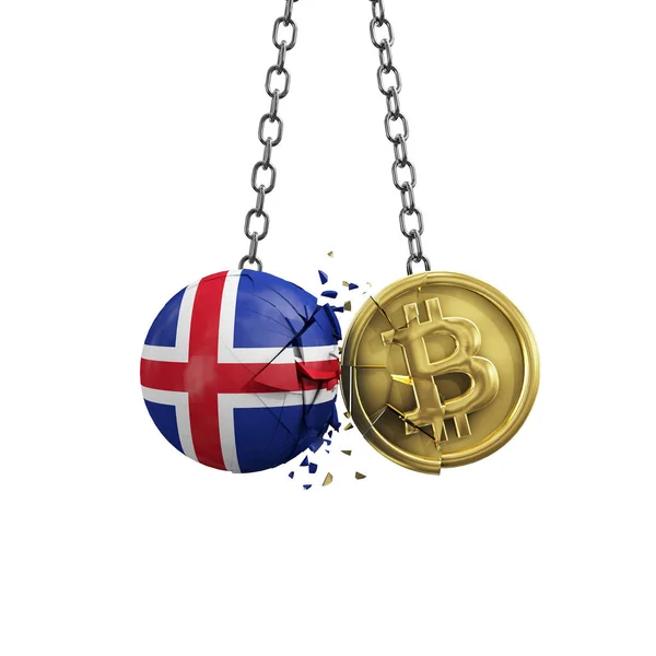 Island flagga krossa i ett guld bitcoin krypto mynt. 3D-återgivning — Stockfoto