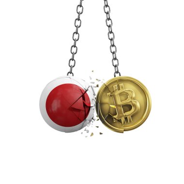 Japon bayrağı altın bir bitcoin kripto sikkeye çarpıyor. 3B Hazırlama