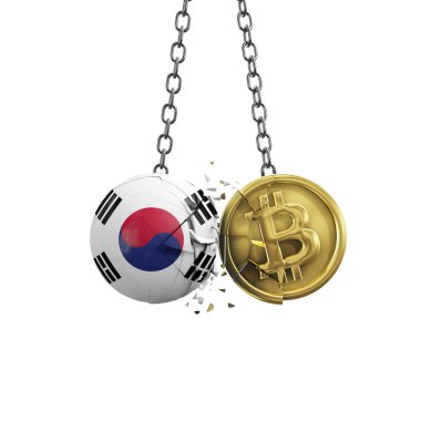 Güney Kore bayrağı altın bir bitcoin kripto sikkeye çarpıyor. 3B Hazırlama