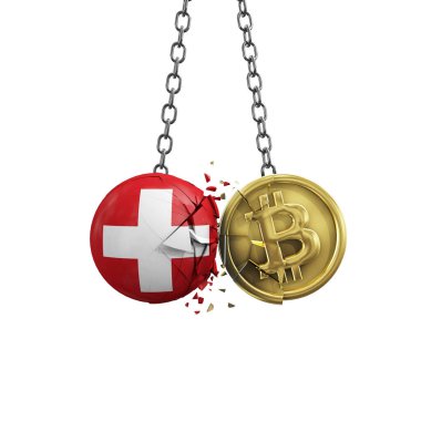 İsviçre bayrağı altın bir bitcoin kripto sikkeye çarpıyor. 3B Hazırlama