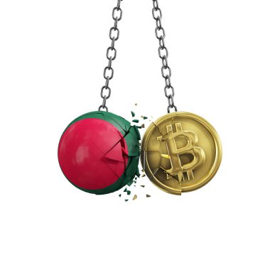 Bangladeş bayrağı altın bir bitcoin kripto sikkeye çarpıyor. 3B Hazırlama