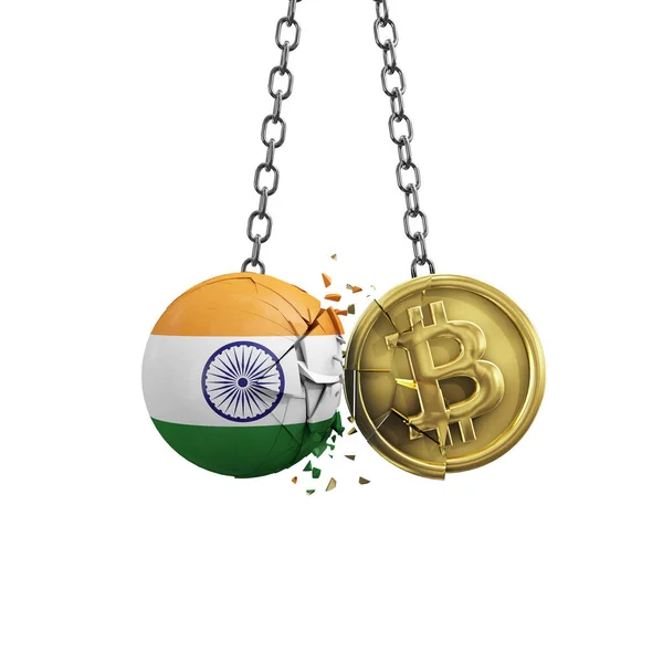 インドは金ビットコイン暗号コインに衝突します。3Dレンダリング — ストック写真