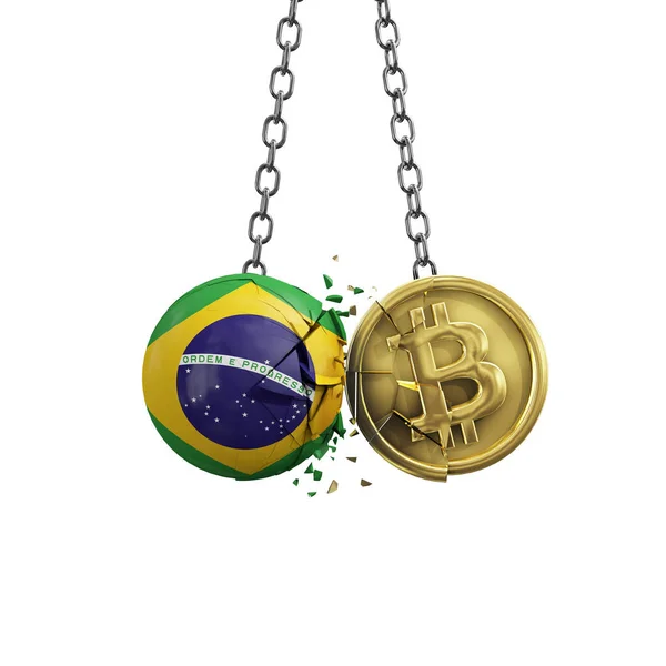 Brazil flag smashing into a gold bitcoin crypto coin. 3D Rendering — Stock Photo, Image