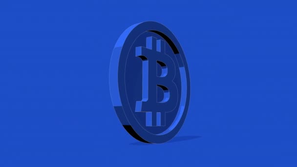 Bitcoin moneda criptomoneda girando sobre un fondo azul. Renderizado 3D — Vídeo de stock