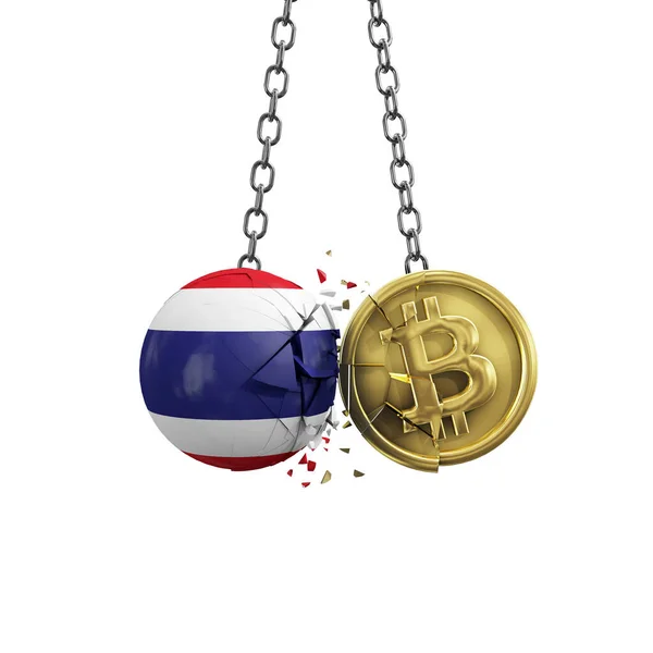 Thailand flagga krossa i ett guld bitcoin krypto mynt. 3D-återgivning — Stockfoto