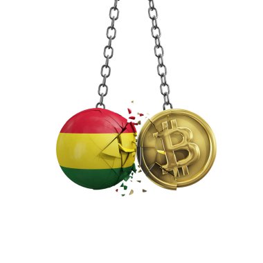 Bolivya bayrağı altın bir bitcoin kripto sikkeye çarpıyor. 3B Hazırlama