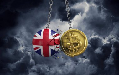 İngiliz bayrağı altın bir bitcoin kripto sikkeye çarpıyor. 3B Hazırlama