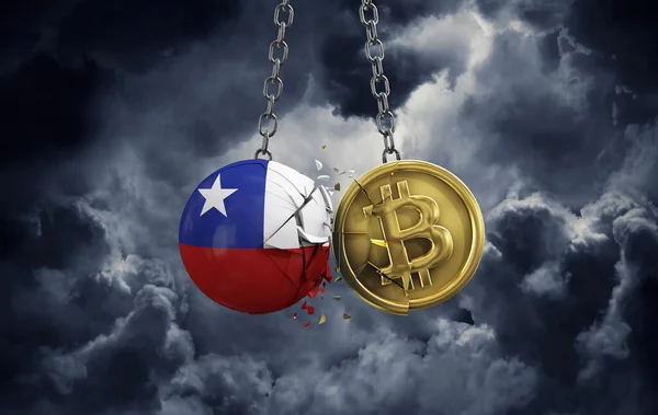 Chile flagga krossa i ett guld bitcoin krypto mynt. 3D-återgivning — Stockfoto