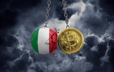 İtalya bayrağı altın bir bitcoin kripto sikkeye çarpıyor. 3B Hazırlama