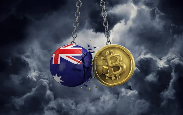 Australien flagga krossa i ett guld bitcoin krypto mynt. 3D-återgivning — Stockfoto