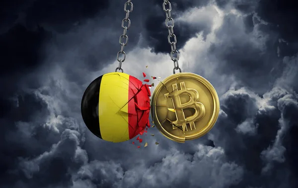 Belgien flagga krossa i ett guld bitcoin krypto mynt. 3D-återgivning — Stockfoto