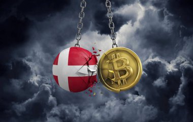 Danimarka bayrağı altın bir bitcoin kripto sikkeye çarpıyor. 3B Hazırlama