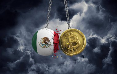 Meksika bayrağı altın bir bitcoin kripto sikkeye çarpıyor. 3B Hazırlama