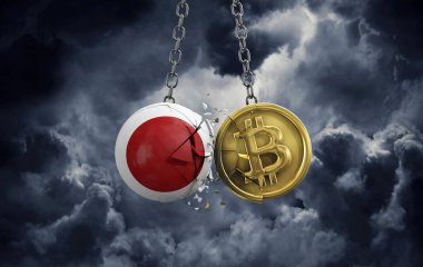 Japon bayrağı altın bir bitcoin kripto sikkeye çarpıyor. 3B Hazırlama