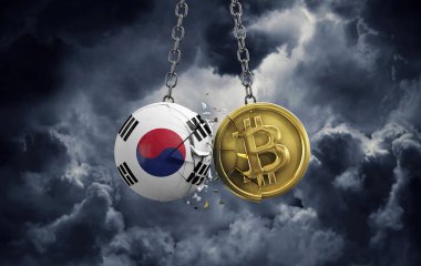 Güney Kore bayrağı altın bir bitcoin kripto sikkeye çarpıyor. 3B Hazırlama