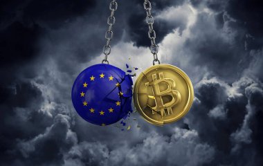 Avrupa Birliği bayrağı altın bir bitcoin kripto sikkeye çarpıyor. 3B Hazırlama