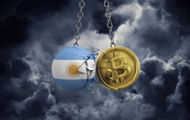 Arjantin bayrağı altın bir bitcoin kripto sikkeye çarpıyor. 3B Hazırlama