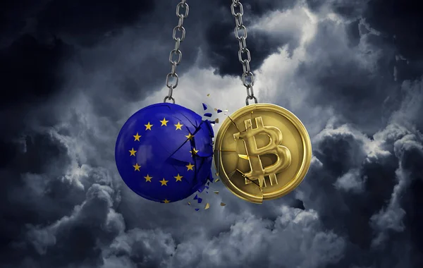 Europeiska unionens flagga slår in i ett kryptomynt av guld. 3D-återgivning — Stockfoto