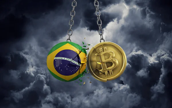 Bandeira do Brasil esmagando em uma moeda de ouro bitcoin cripto. Renderização 3D — Fotografia de Stock