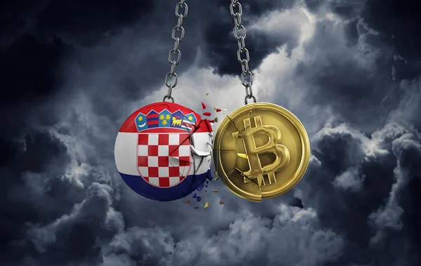 Kroatien flagga krossa i ett guld bitcoin krypto mynt. 3D-återgivning — Stockfoto