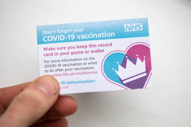 Londra, İngiltere - Nisan 2021. NHS Covid-19 aşı kaydını tutan kişi.