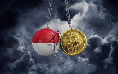 Endonezya bayrağı altın bir bitcoin kripto sikkeye çarpıyor. 3B Hazırlama