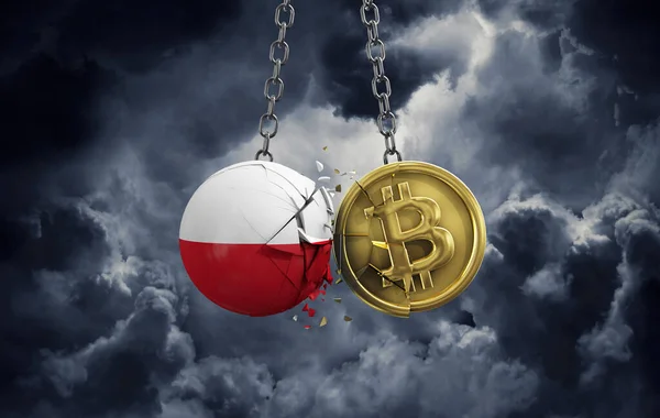 Polen flagga krossa i ett guld bitcoin krypto mynt. 3D-återgivning — Stockfoto