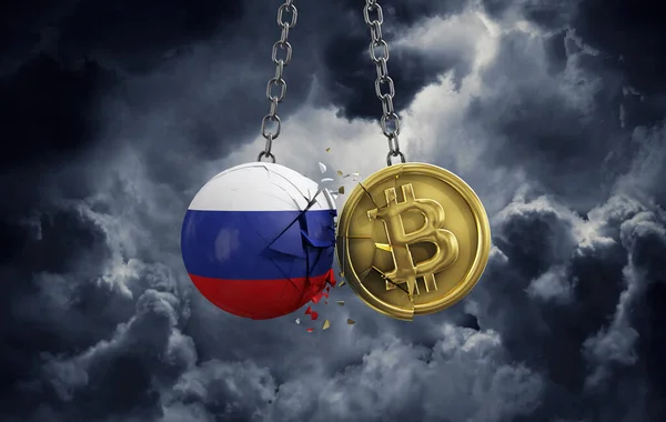 Russia flag smashing into a gold bitcoin crypto coin. 3D Rendering — Stock Photo, Image