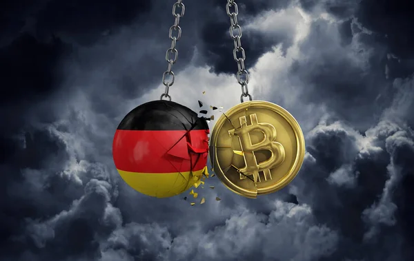 Tyskland flagga krossa i ett guld bitcoin krypto mynt. 3D-återgivning — Stockfoto