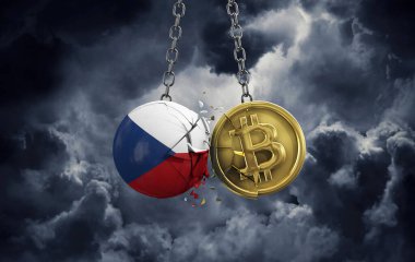 Çek bayrağı altın bir bitcoin kripto sikkeye çarpıyor. 3B Hazırlama