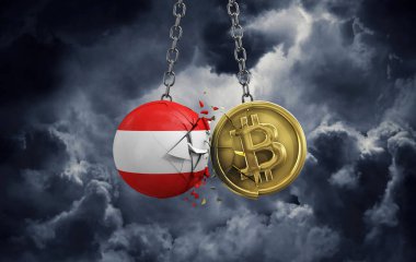 Avusturya bayrağı altın bir bitcoin kripto sikkeye çarpıyor. 3B Hazırlama
