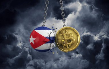 Küba bayrağı altın bir bitcoin kripto sikkeye çarpıyor. 3B Hazırlama