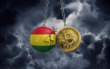 Bolivya bayrağı altın bir bitcoin kripto sikkeye çarpıyor. 3B Hazırlama