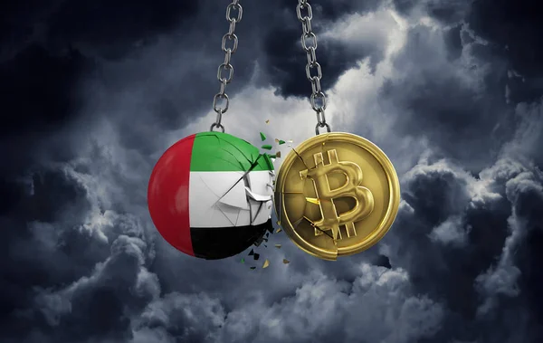 UAE flagga krossa i ett guld bitcoin krypto mynt. 3D-återgivning — Stockfoto