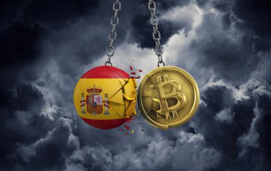 İspanya bayrağı altın bir bitcoin kripto sikkeye çarpıyor. 3B Hazırlama