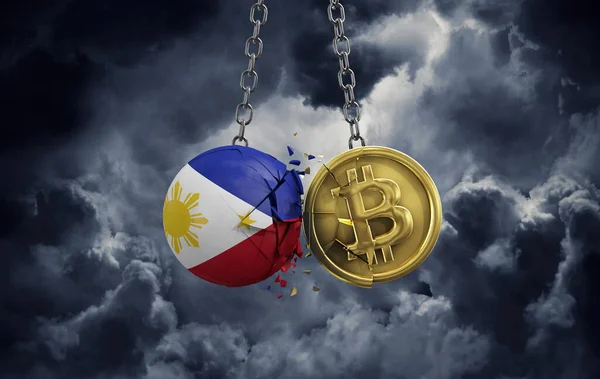 Bandeira das Filipinas esmagar em uma moeda de criptografia bitcoin ouro. Renderização 3D — Fotografia de Stock