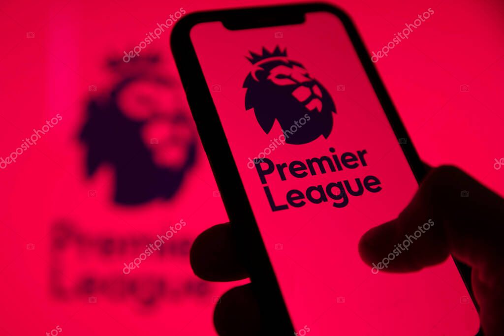 LONDON, UK - May 2021: Premier league football logo on a smartphone screen.