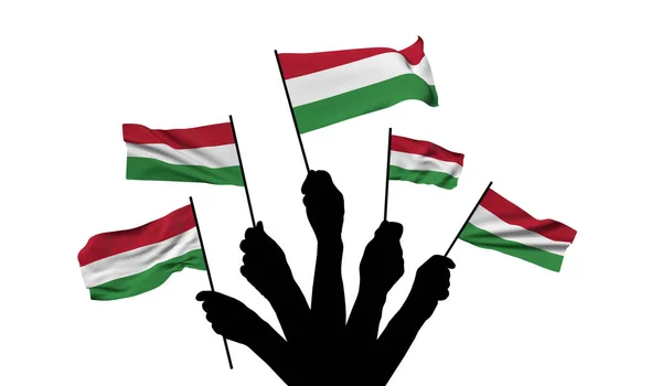 Magyarország nemzeti zászlaját lobogtatják. 3D Renderelés — Stock Fotó